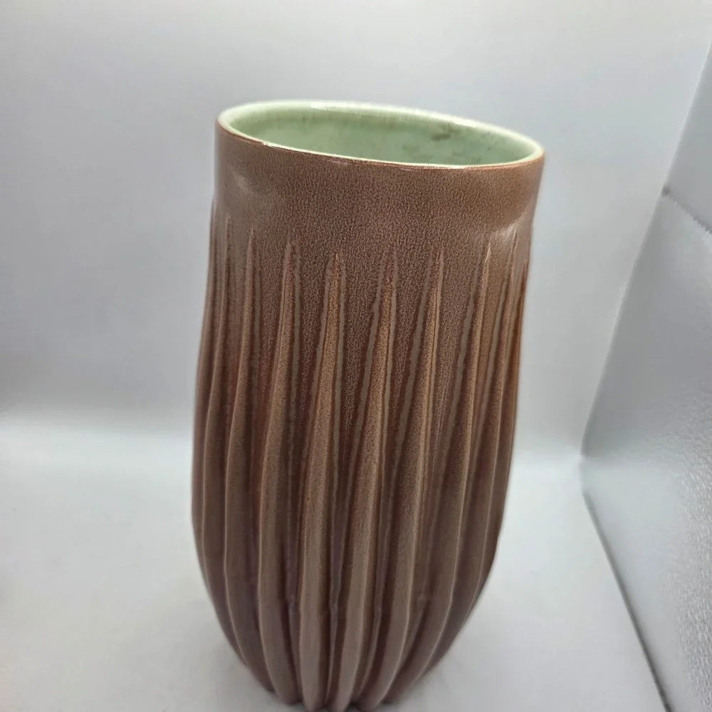 Vintage Red Wing Charles Murphy MCM Ribbed Art Pottery Vase Brown Green